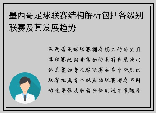 墨西哥足球联赛结构解析包括各级别联赛及其发展趋势