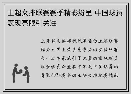 土超女排联赛赛季精彩纷呈 中国球员表现亮眼引关注