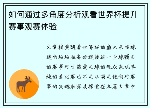 如何通过多角度分析观看世界杯提升赛事观赛体验